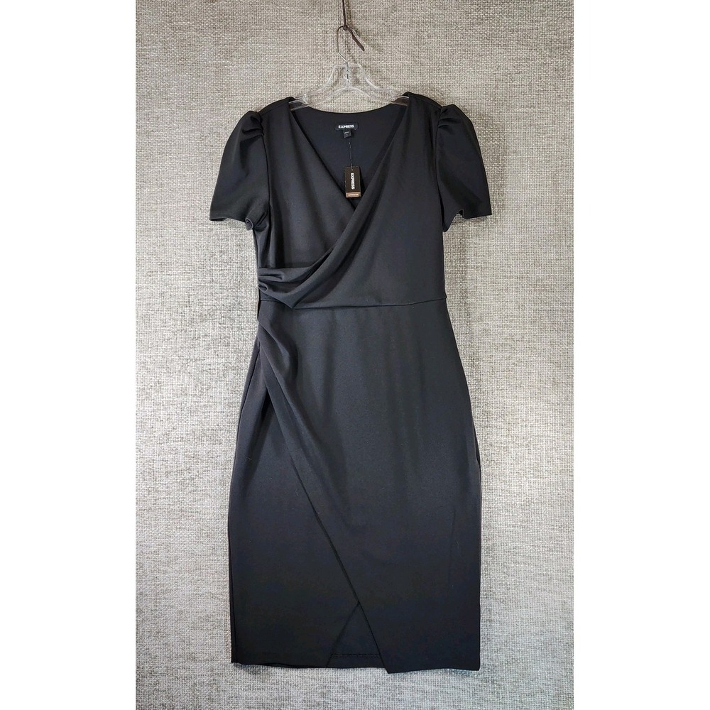 Express Faux Wrap V-Neck Dress Womens L Black Side Zip Short Sleeve NWT